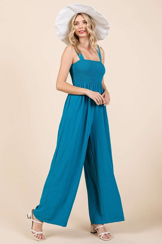 Mittoshop Smocked Wide Strap Wide Leg Overalls