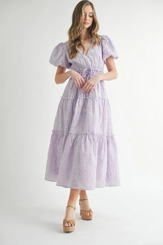MABLE Eyelet Lace Puff Sleeve V Neck Midi Dress Lavender