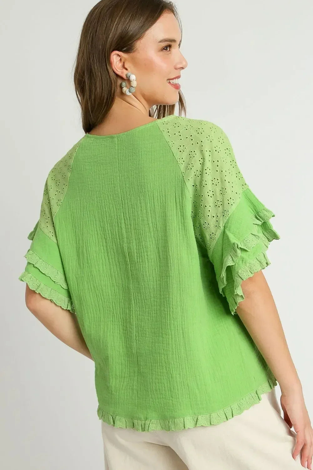 Umgee Cotton Gauze Round Neck Ruffle Eyelet Layered Sleeve Blouse Plus Size - DAVERRI FASHIONS