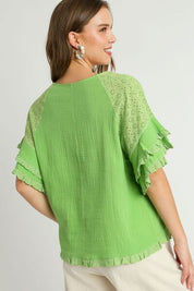 Umgee Full Size Cotton Gauze Round Neck Ruffle Eyelet Layered Sleeve Blouse Plus Size