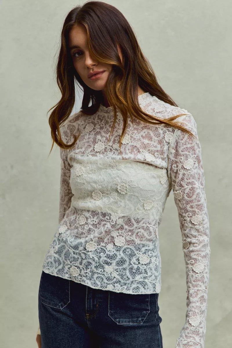 SO ME lace long sleeve 3D effect floral layering top in white