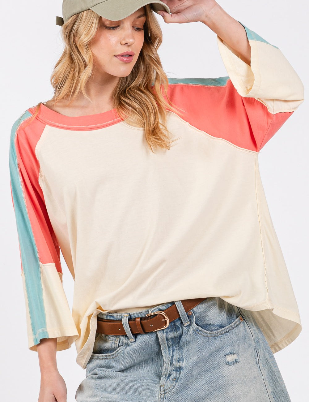 SAGE + FIG Color Block Curved Hem T-Shirt Magnolia