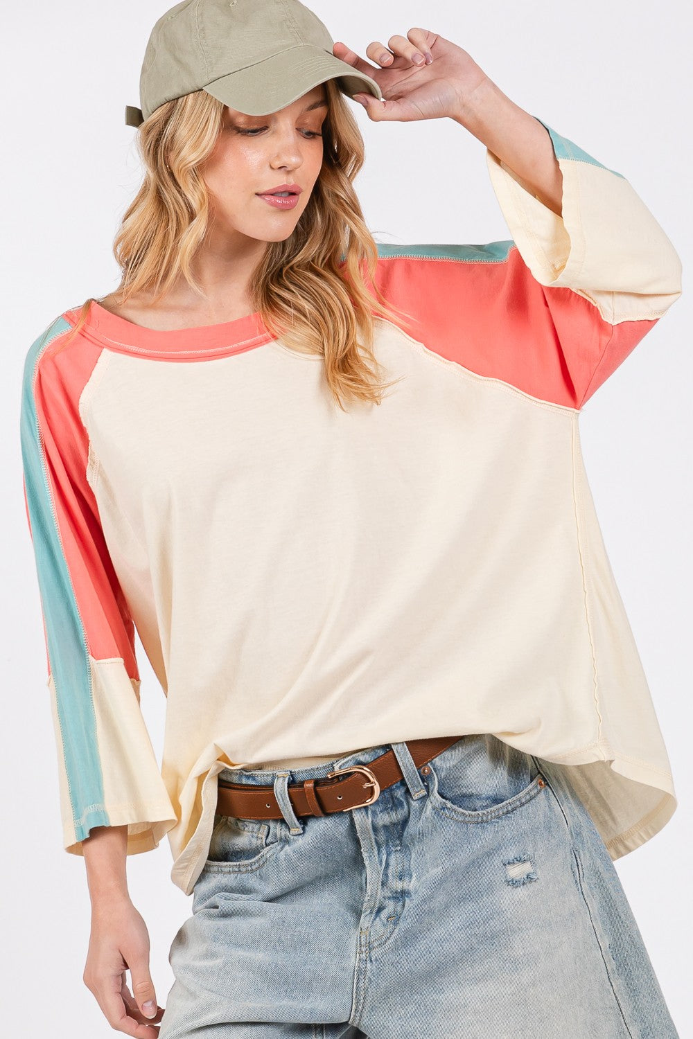 SAGE + FIG Color Block Curved Hem T-Shirt Magnolia