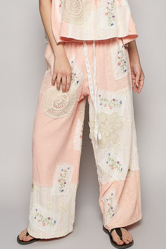 POL Embroidered Drawstring Lace Patch Wide Leg Pants Watermelon pink Pants