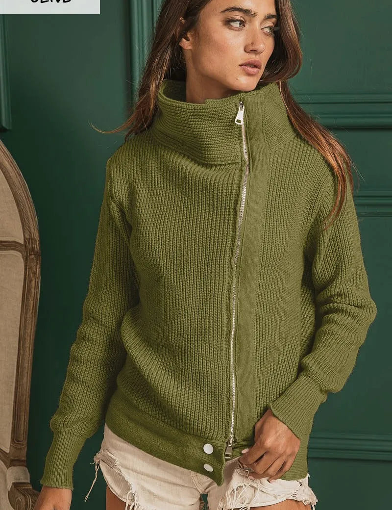 OLIVE BiBi Front Zip Up High Neckline Sweater Jacket | Sweaters Daverri Fashions