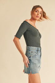 Aemi + Co Ruched Frill Off-Shoulder Half Sleeve Knit Top | Tops Daverri Fashions