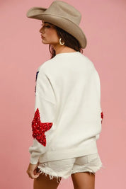 BiBi Velvet Sequin Star Patches Sweater Top | Sweaters Daverri Fashions