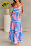 Daverri Striped Tiered Maxi Cami Dress with pink blue vertical stripes