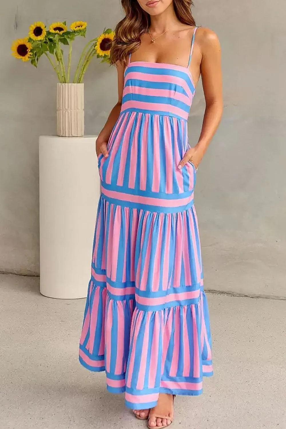 Daverri Striped Tiered Maxi Cami Dress with pink blue vertical stripes