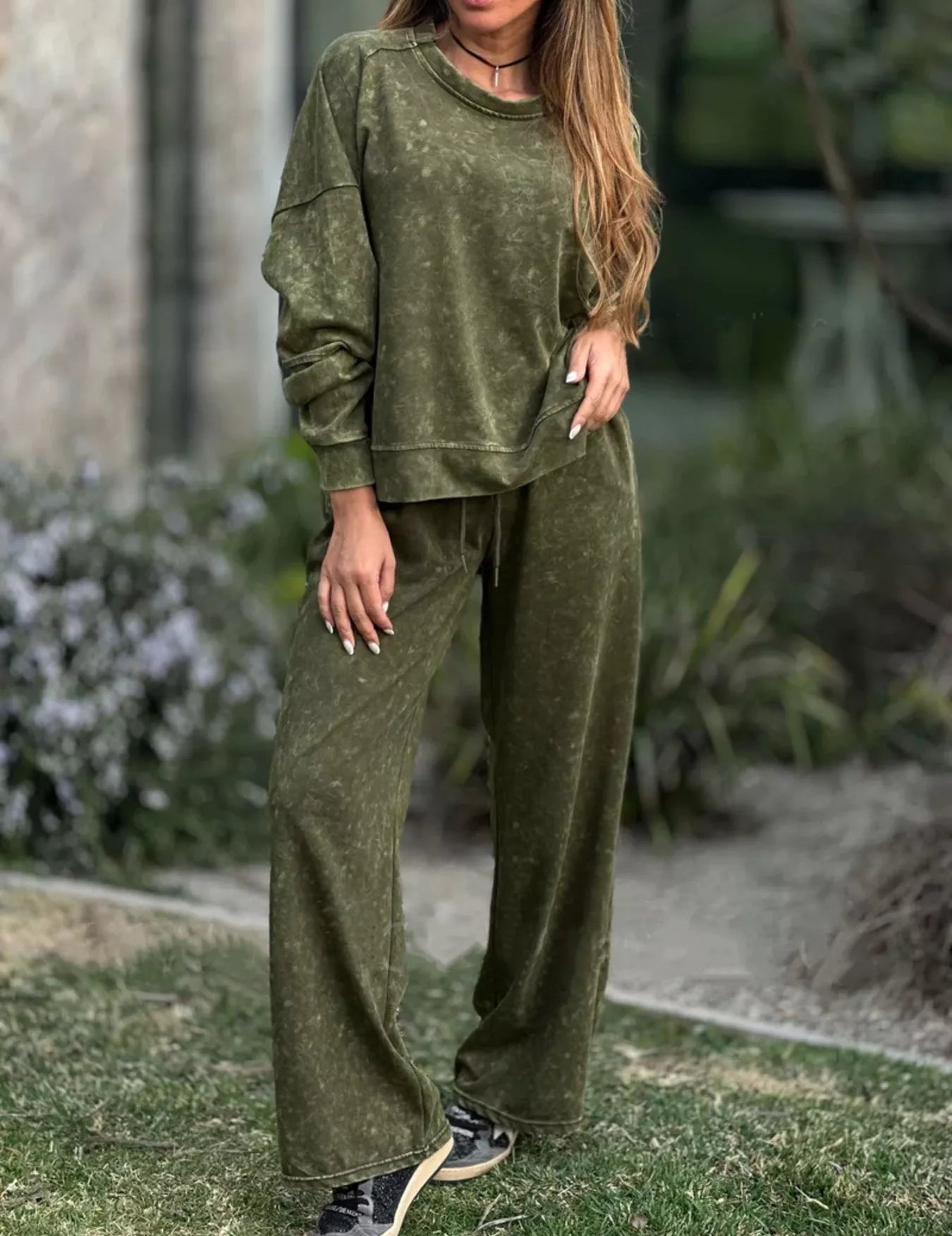 Army Green Full Size Round Neck Long Sleeve Top and Pants Set Plus Size | Loungewear Sets Daverri Fashions