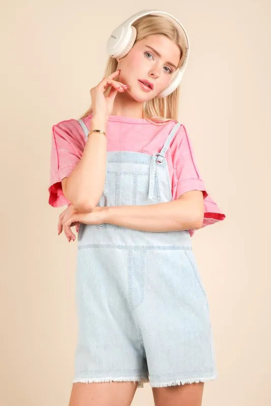 VERY J Mineral Washed Denim Casual Romper Lt Indigo Rompers