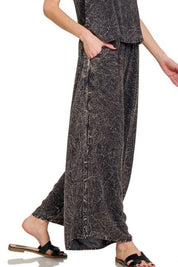 Zenana Ash Black Woven Acid Crinkle Washed Cami & Pants 2 Piece Set | Outfit Sets Daverri Fashions