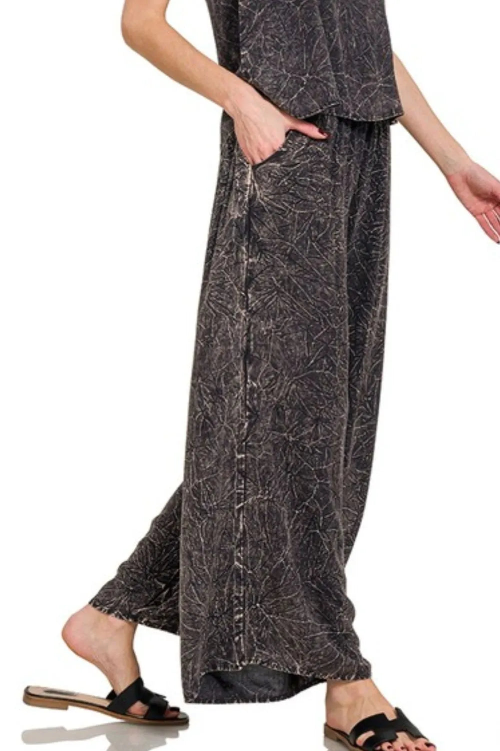 Zenana Ash Black Woven Acid Crinkle Washed Cami & Pants 2 Piece Set Outfit Sets