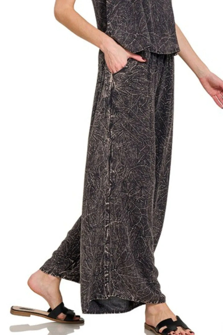 Zenana Ash Black Woven Acid Crinkle Washed Cami & Pants 2 Piece Set Outfit Sets
