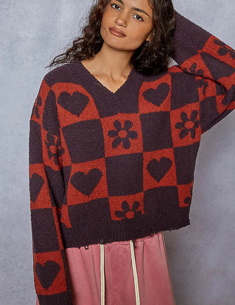 CHARCOAL BURGUN POL V-Neck Heart Pattern Checkered Sweater | Sweaters Daverri Fashions