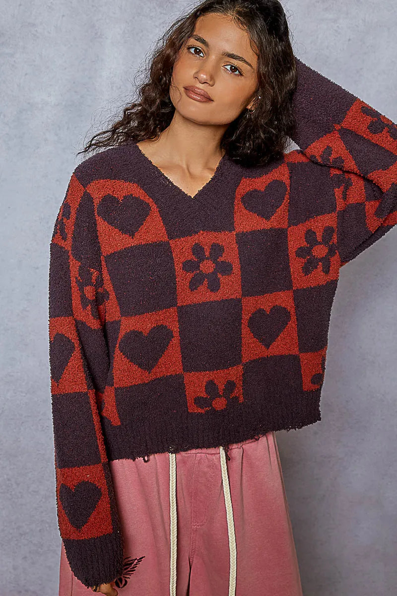 CHARCOAL BURGUN POL V-Neck Heart Pattern Checkered Sweater | Sweaters Daverri Fashions