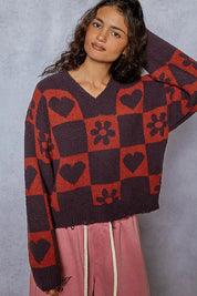CHARCOAL BURGUN POL V-Neck Heart Pattern Checkered Sweater | Sweaters Daverri Fashions