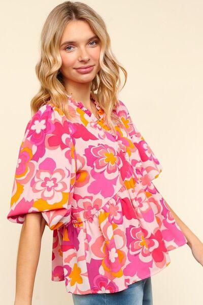 Haptics Full Size Frill Floral Puff Sleeve Blouse Blouses