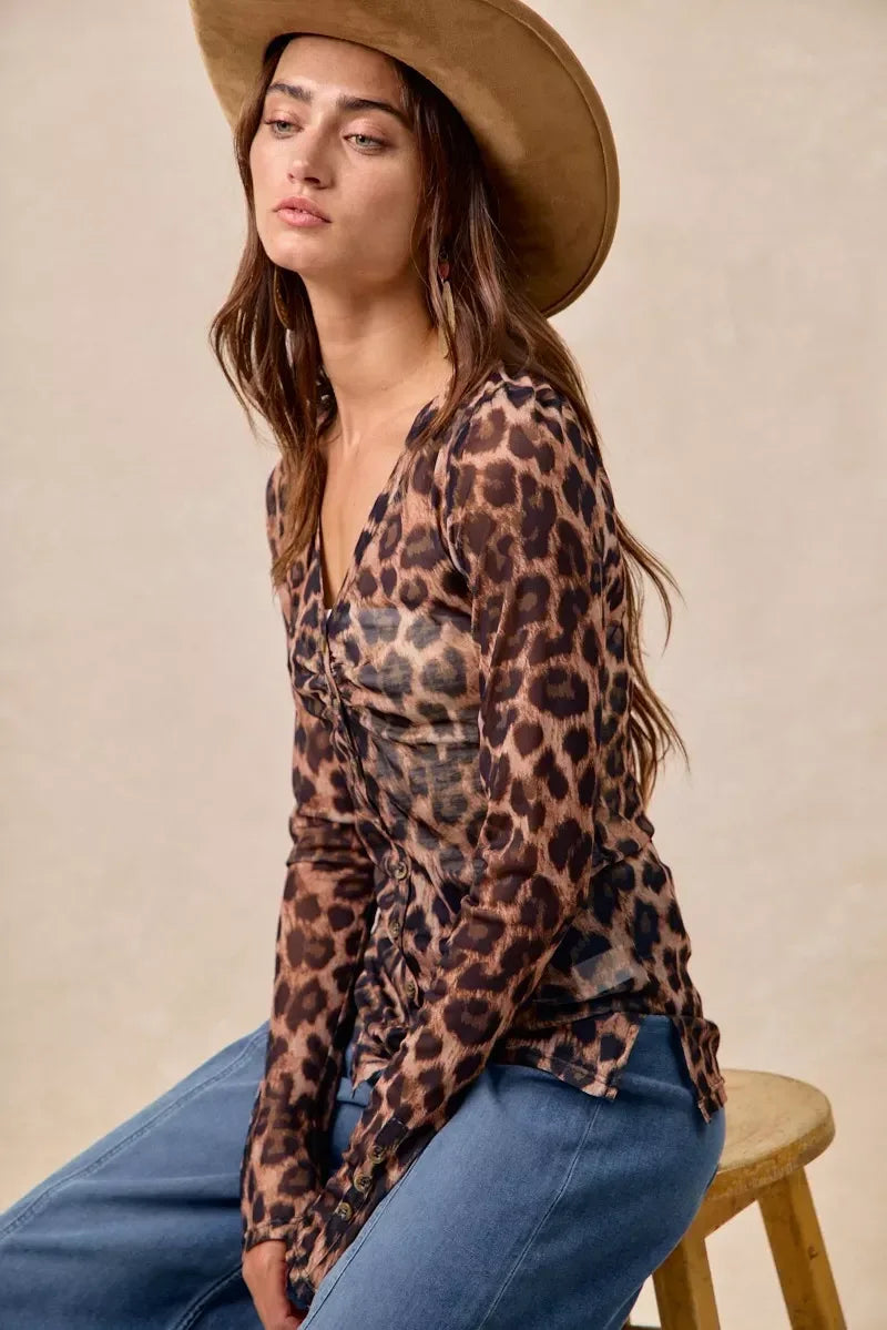 BiBi Leopard Printed Mesh Shirt With Button Up V Neck - DAVERRI FASHIONS