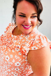 Peach Floral Print Frilled Short Sleeve Yoke Top | Daverri Fashions