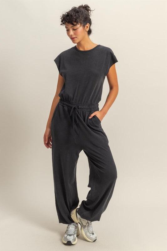 HYFVE Back Keyhole Round Neck Cap Sleeve Drawstring Jumpsuit Jumpsuits