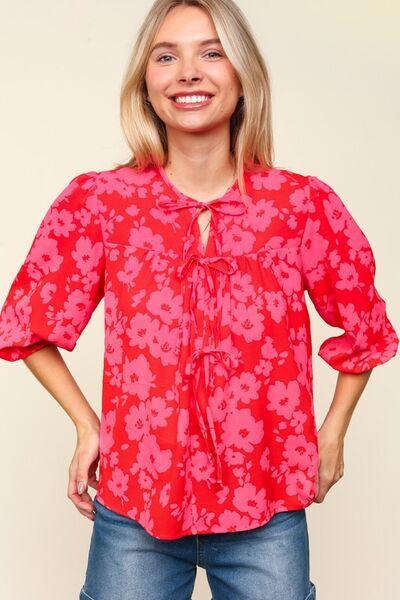 Haptics Full Size Ribbon Bow Floral Balloon Sleeve Blouse Blouses