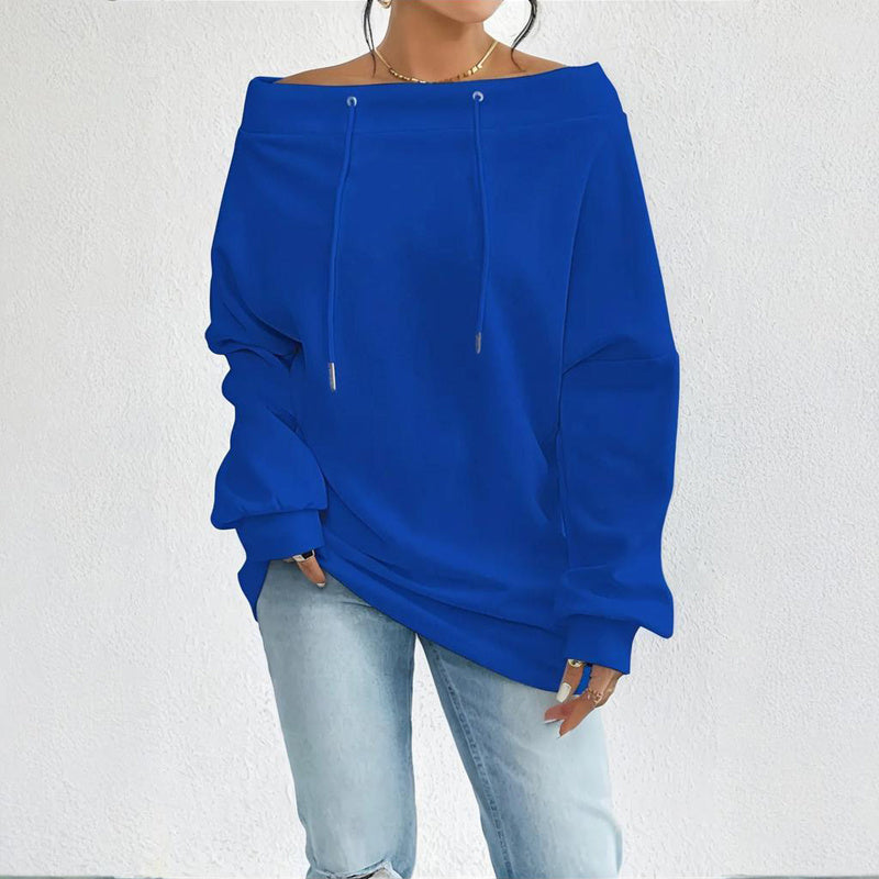 Blue Boatneck Off-Shoulder Long Sleeve Top Plus Size | Tops Daverri Fashions