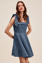SO ME A Line Fit and Flare Diamond Bow Ribbon Denim Dres | Mini Dresses Daverri Fashions