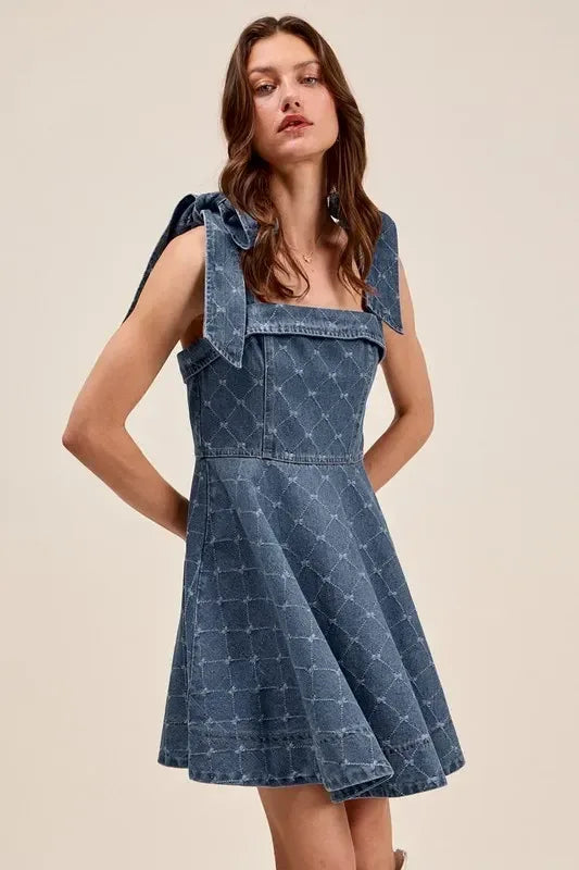 SO ME A Line Fit and Flare Diamond Bow Ribbon Denim Dres - DAVERRI FASHIONS