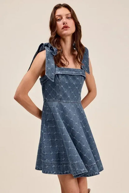 SO ME A Line Fit and Flare Diamond Bow Ribbon Denim Dres - DAVERRI FASHIONS
