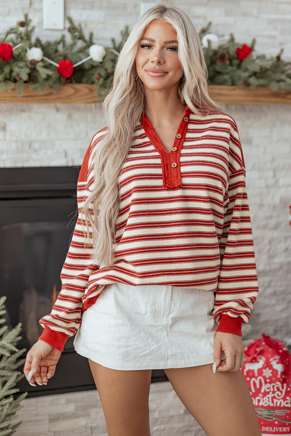 Striped Buttoned V Neck Collared Drop Shoulder Top | Tops/Long Sleeve Tops Daverri Fashions