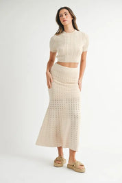 MABLE Pointelle Short Sleeve Crop Top and Slit Skirt Sweater Set | Outfit Sets Daverri Fashions