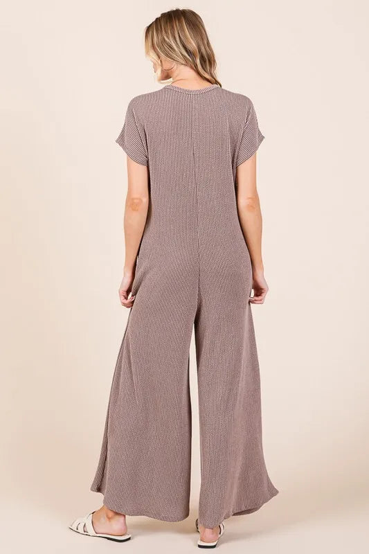 BOMBOM Rib Knit Jumpsuit with Button Detail