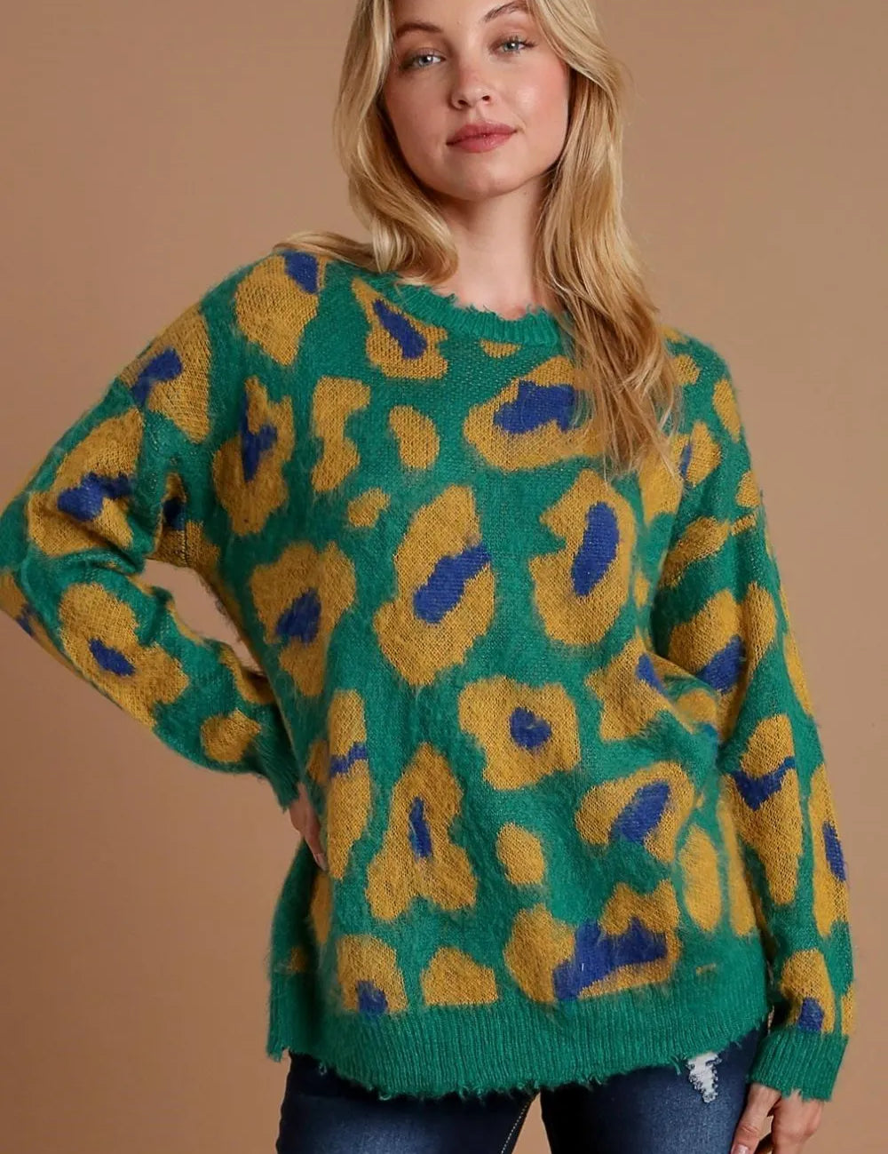 Green Umgee Full Size Leopard Destroyed Rib Band Sweater Plus Size | Sweaters Daverri Fashions
