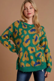 Green Umgee Full Size Leopard Destroyed Rib Band Sweater Plus Size | Sweaters Daverri Fashions