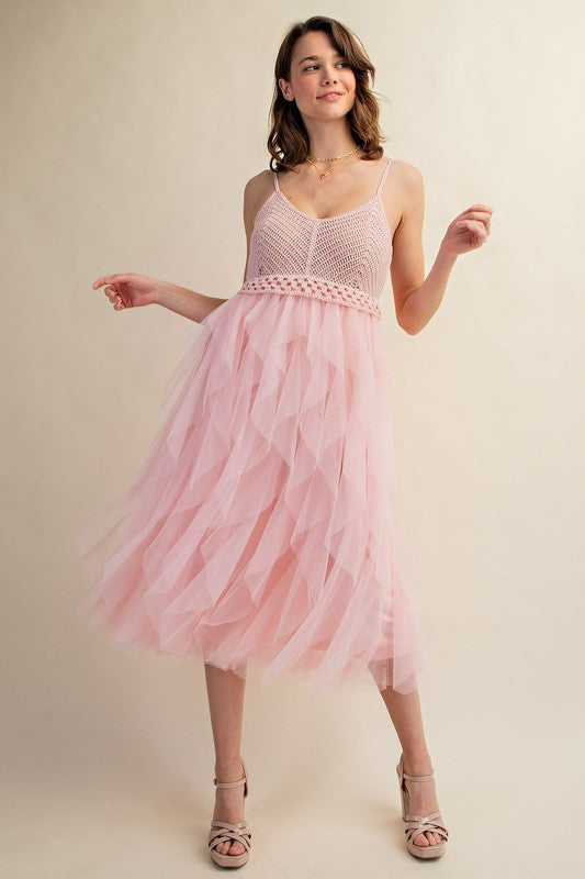 Lovely Tulle Midi Crochet Dress Light Pink Midi Dresses