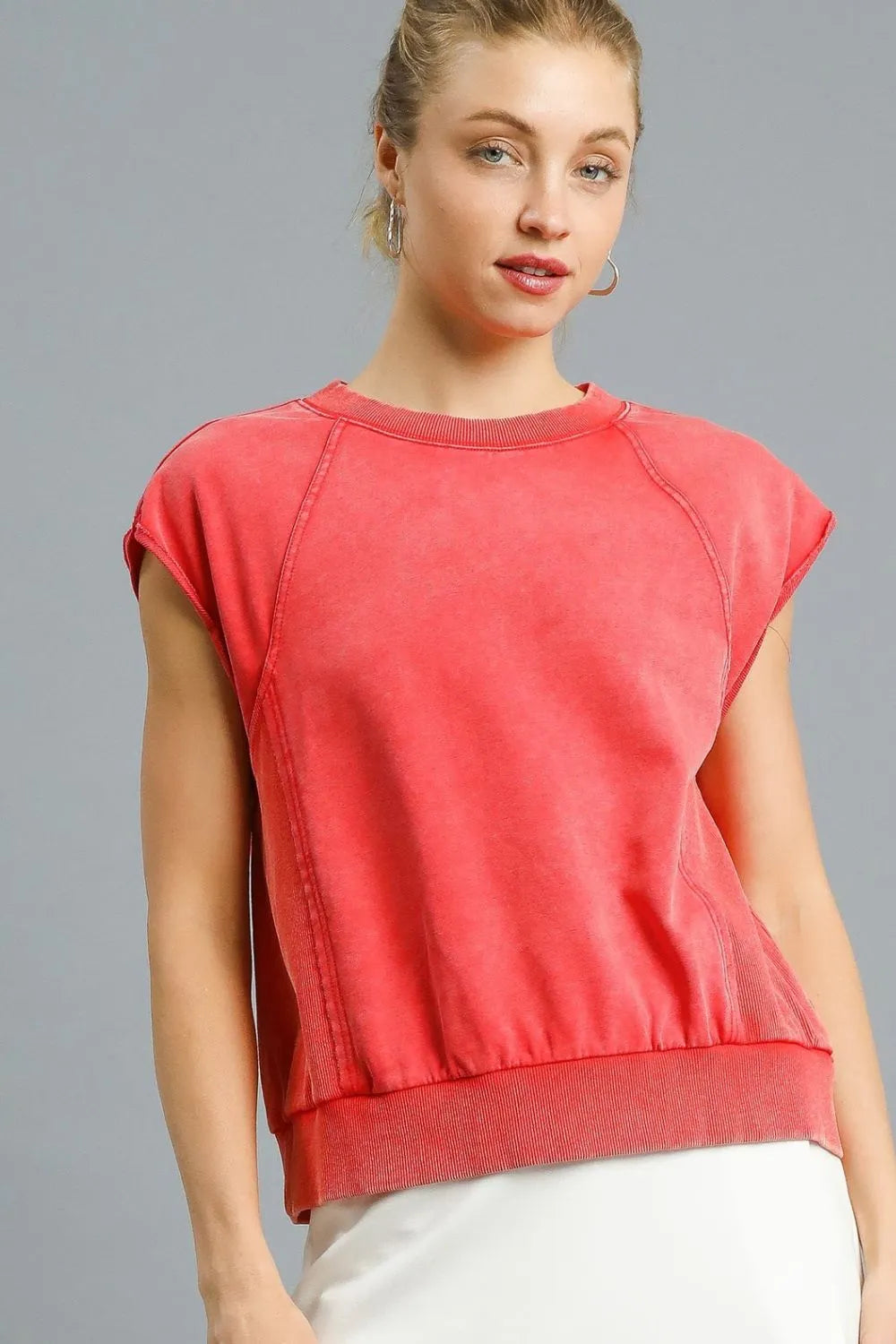 Umgee Round Neck Cap Sleeve Sweatshirt Red Sweatshirts
