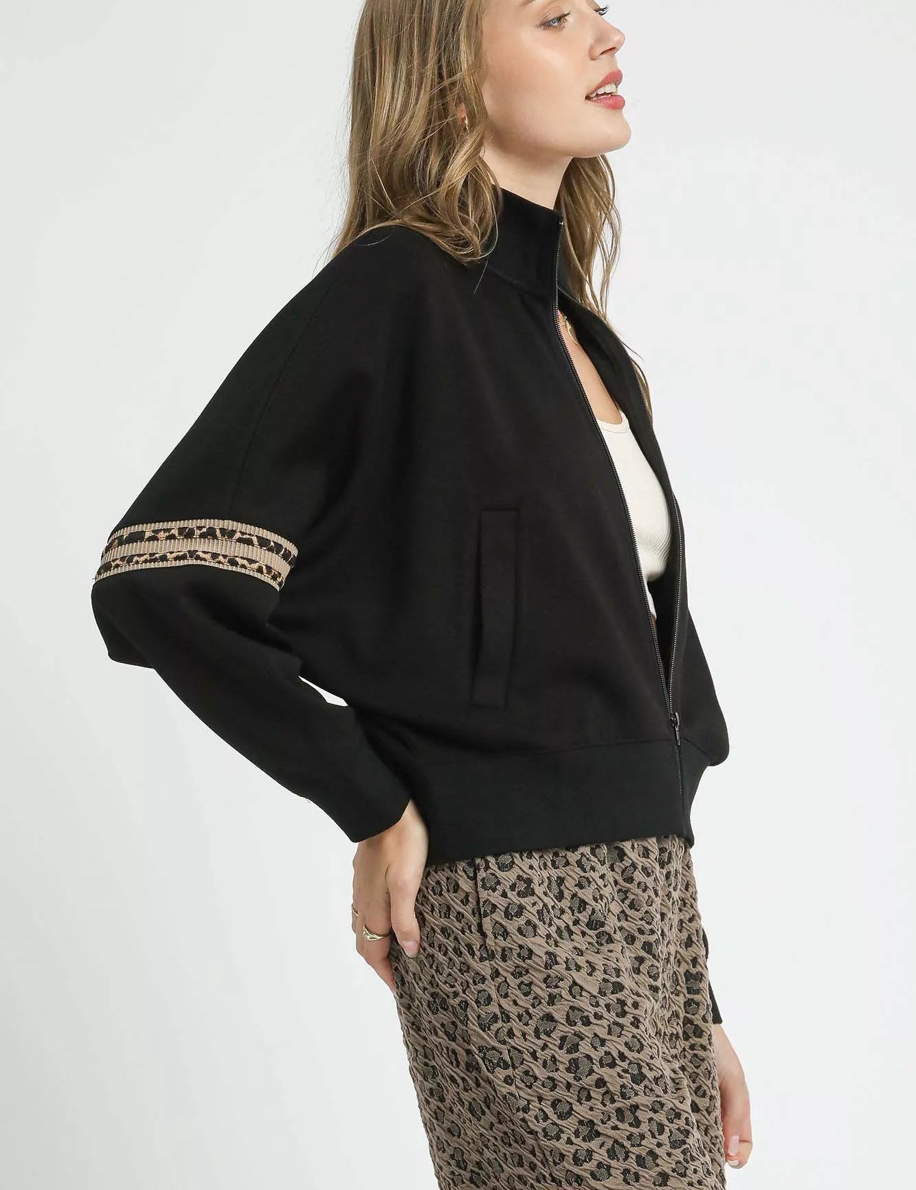 Umgee Zipper Up Cropped Jacket with Leopard Trim | Jackets Daverri Fashions