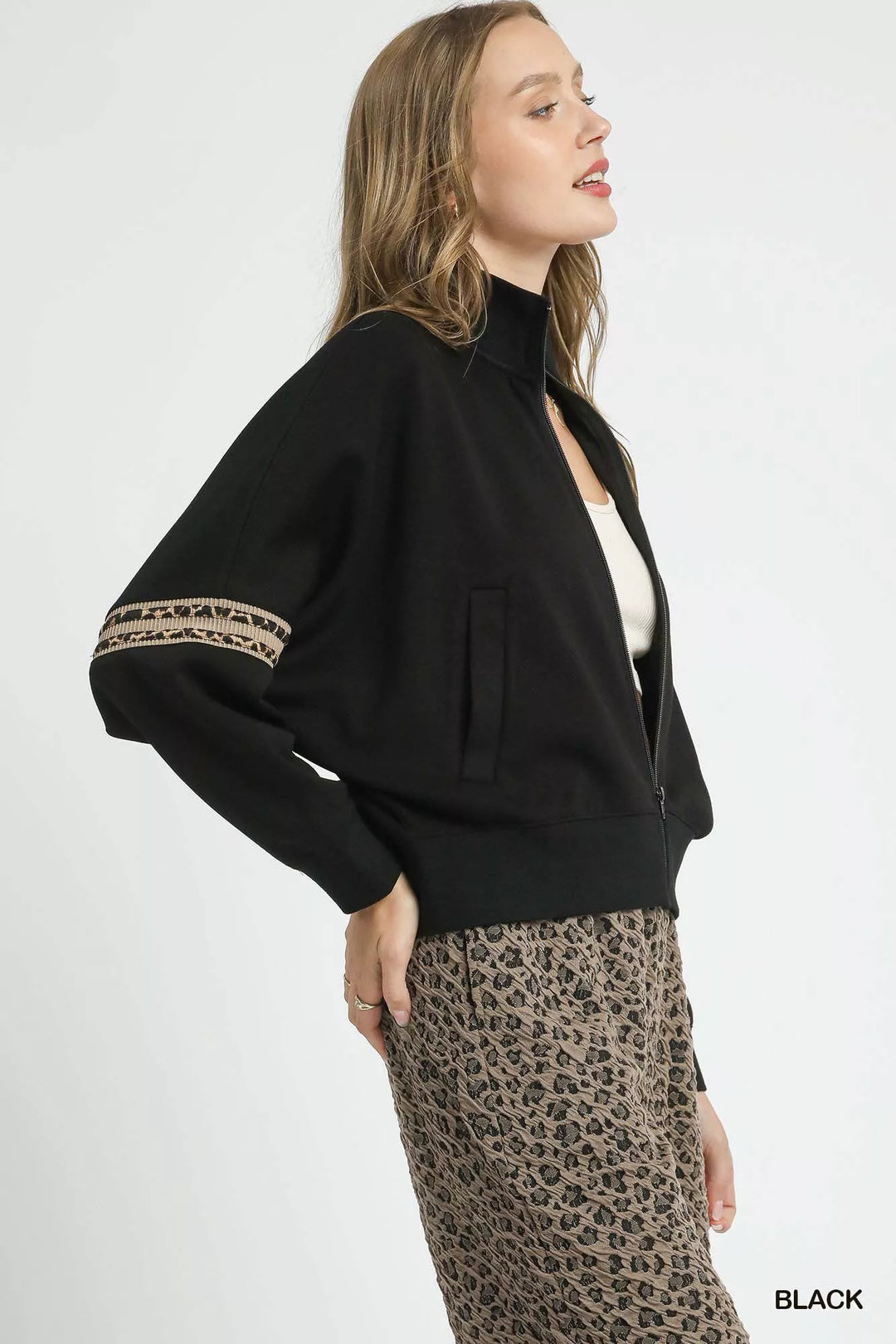 Umgee Zipper Up Cropped Jacket with Leopard Trim | Jackets Daverri Fashions