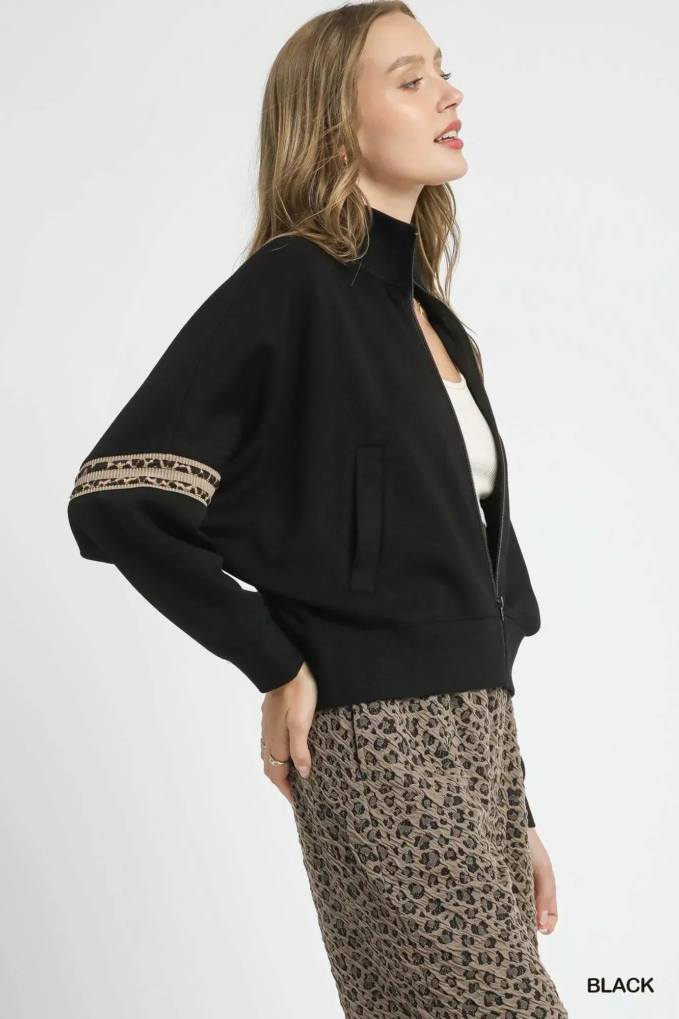 Umgee Zipper Up Cropped Jacket with Leopard Trim - DAVERRI FASHIONS