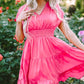 Vibrant pink smocked V-neck cap sleeve mini dress for women