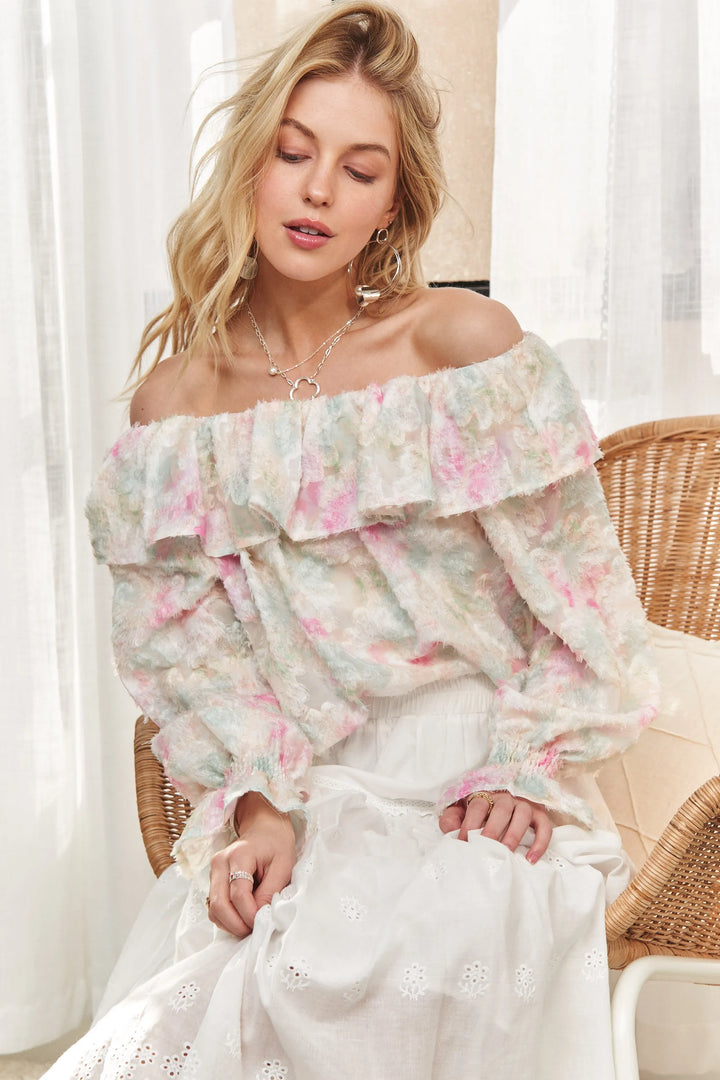 ADORA Ruffled Off Shoulder Floral Blouse PINK Tops