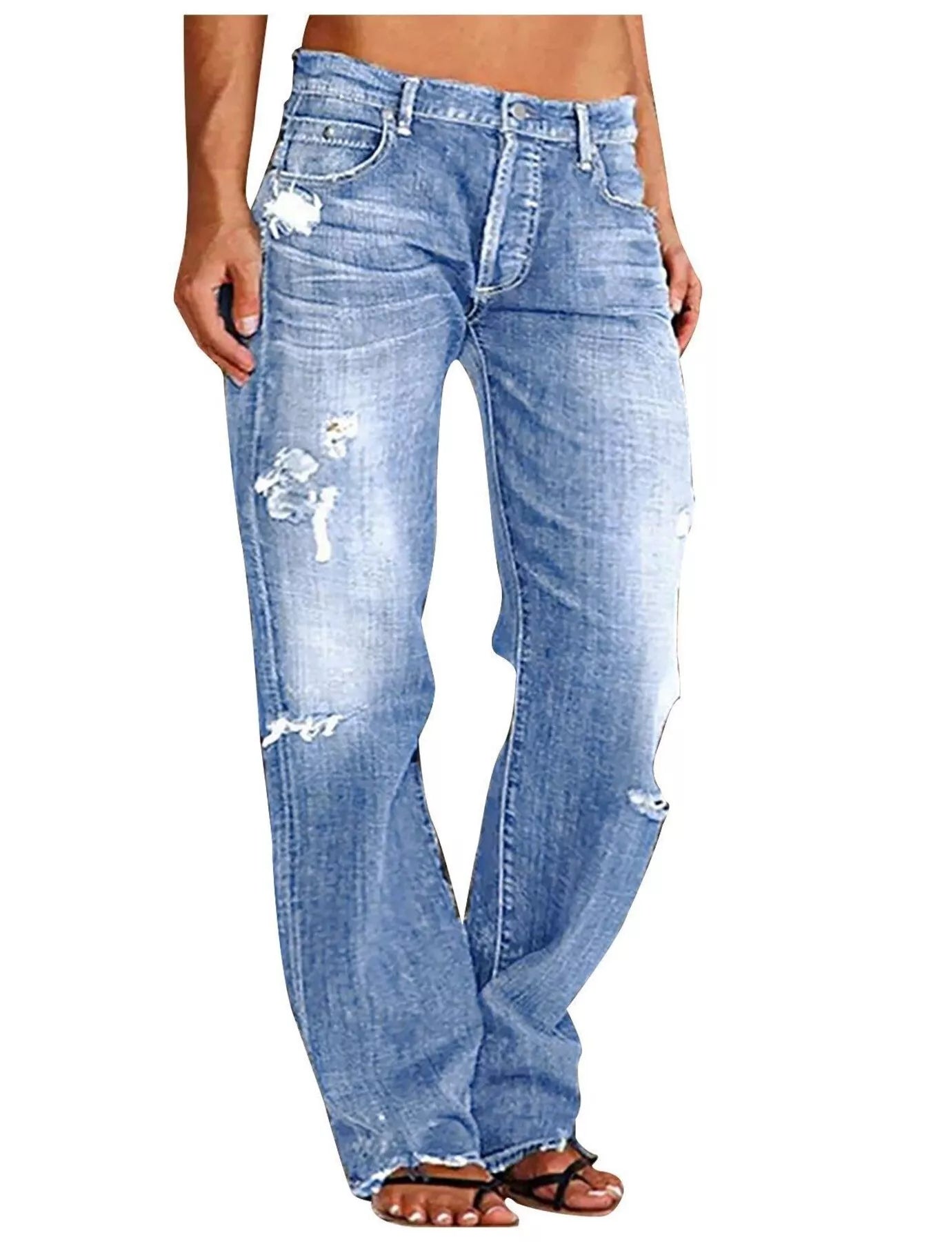 Distressed loose fit light-wash flared jeans with ripped details