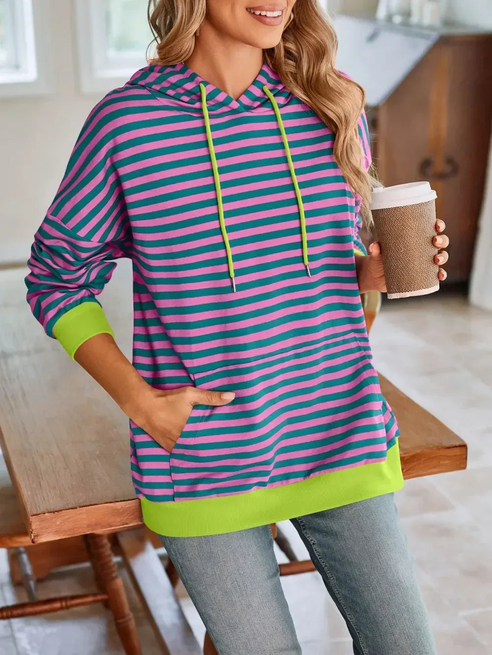 Lovelet Drawstring Striped Long Sleeve Hoodie - DAVERRI FASHIONS