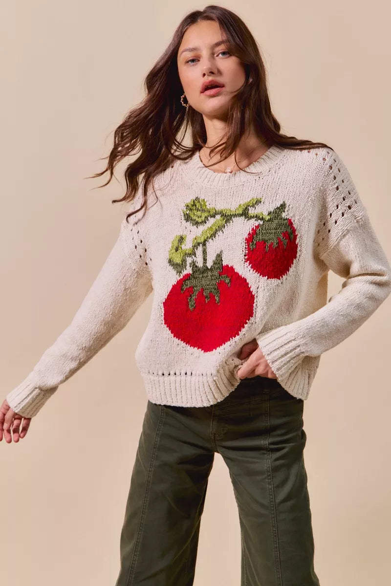 SO ME Vegetable Round Neck Long Sleeve Sweater | Sweaters Daverri Fashions
