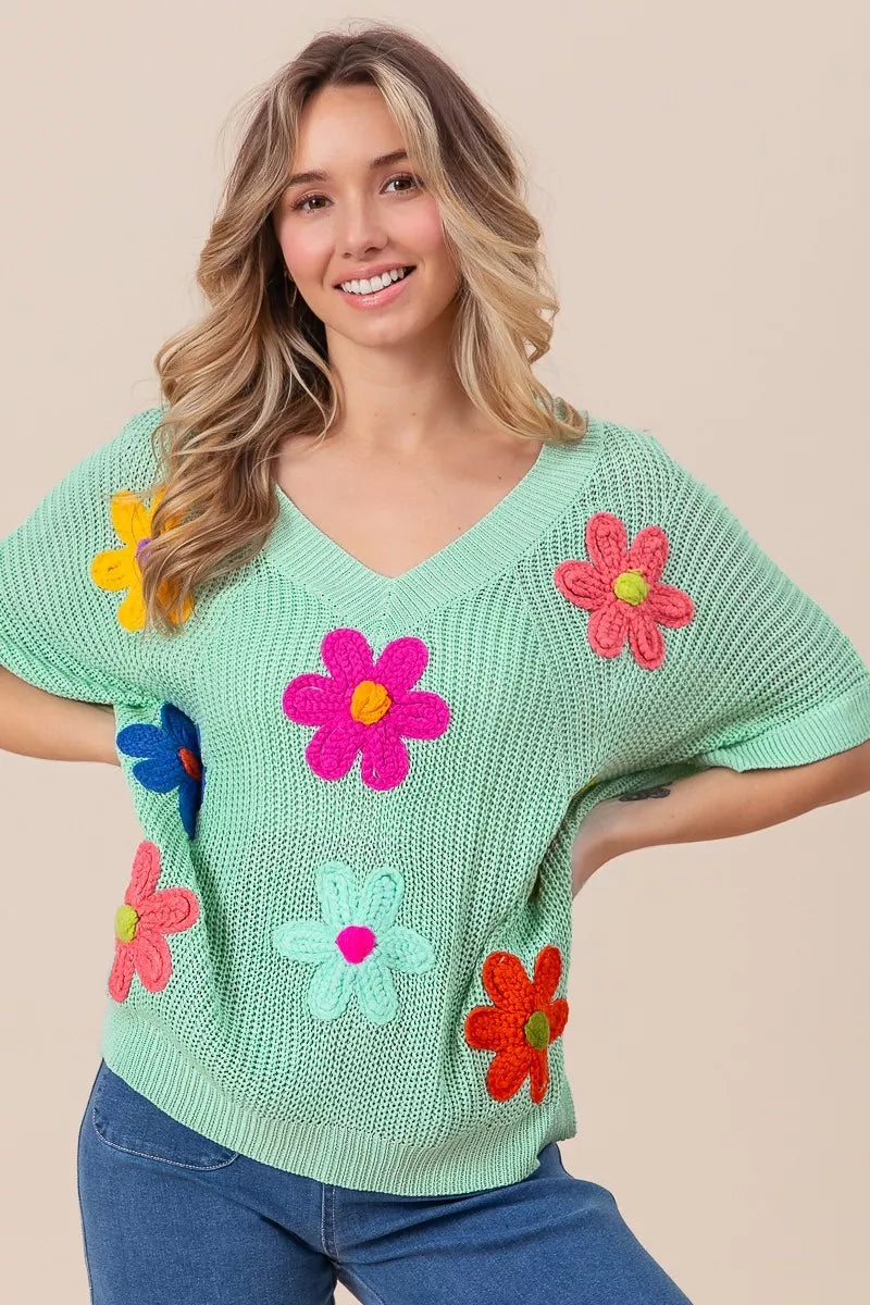 BiBi Flower Patches Dolman Sleeve Lightweight Sweater | Daverri Fashions