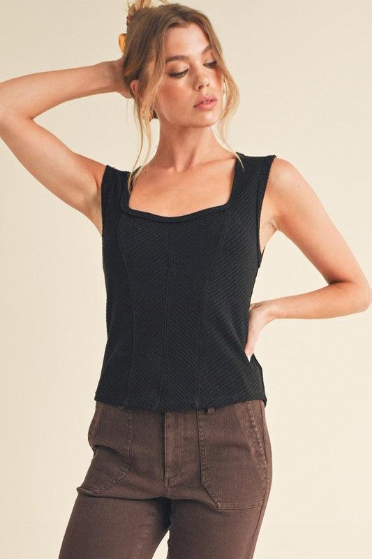 Black S Aemi + Co Exposed Seam Ribbed Wide Strap Tank | Tank Tops Daverri Fashions