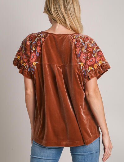 Umgee Velvet Embroidery Short Sleeve Blouse