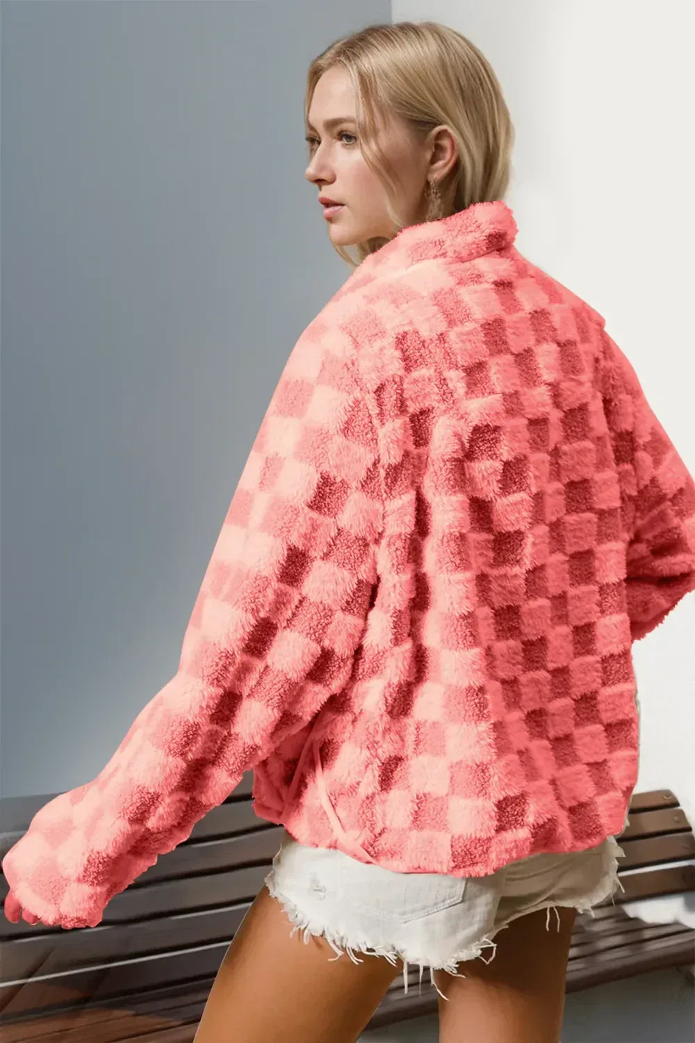 Double Take Checkered Long Sleeve Fuzzy Jacket - DAVERRI FASHIONS