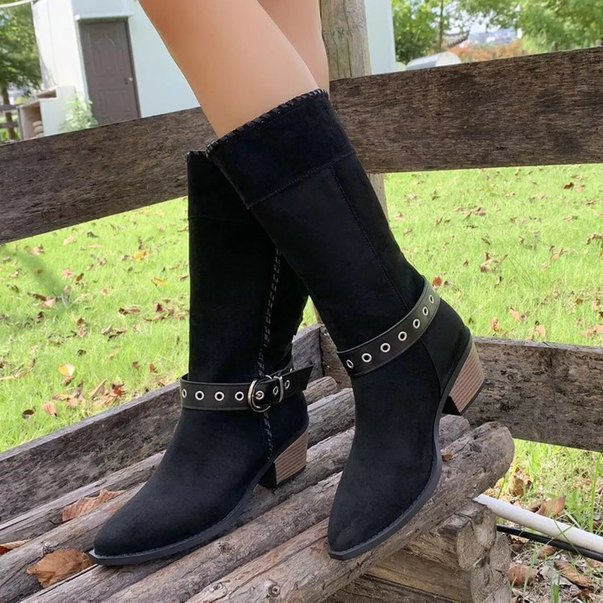 Black Point Toe Block Heels Boots | Boots Daverri Fashions